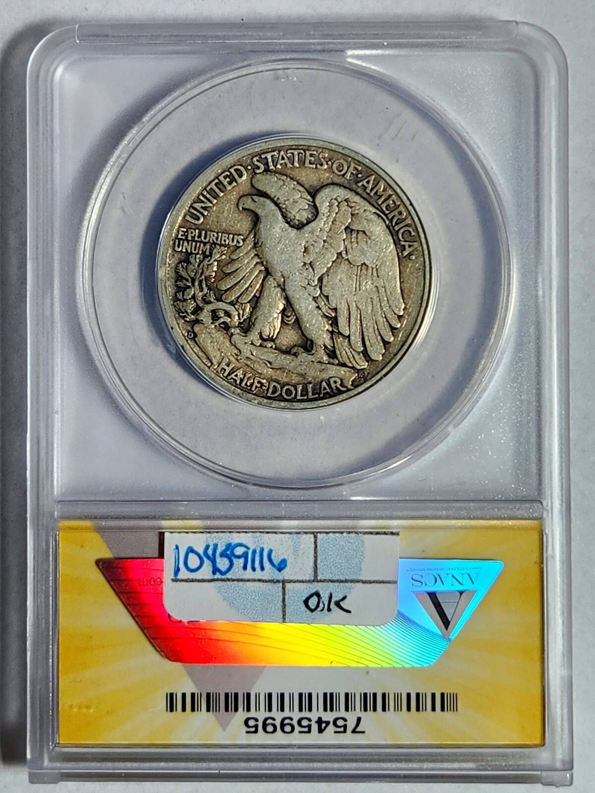 1938 D Walking Liberty Half Dollar ANACS F-12