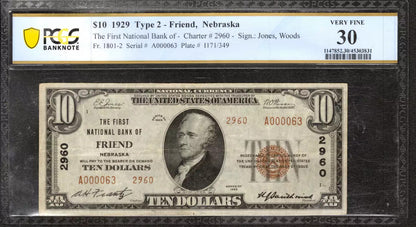 1929 $10 FIRST NATIONAL BANKNOTE CURRENCY FRIEND NEBRASKA PCGS 30 VERY FINE (063