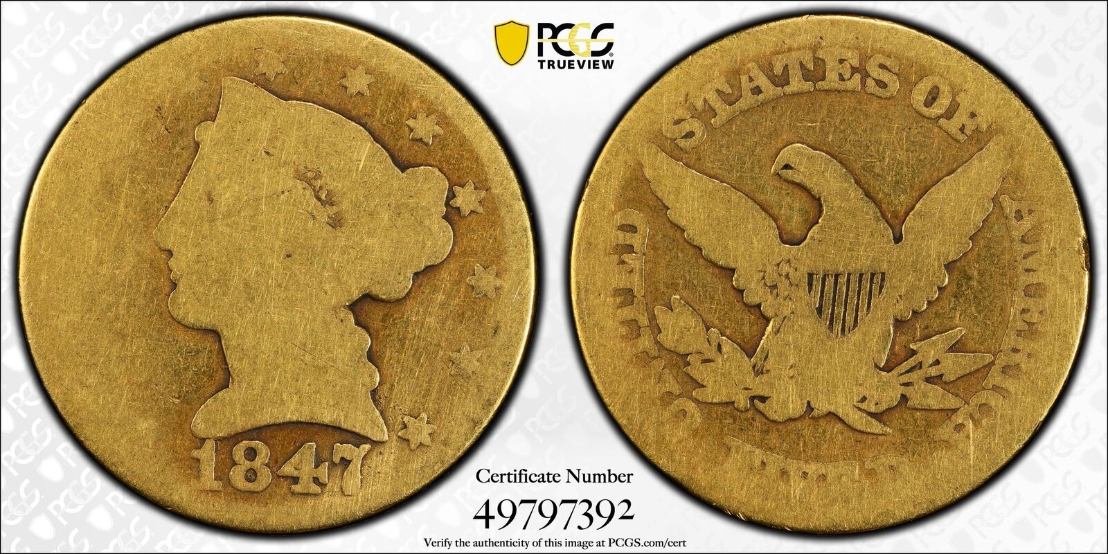 1847 LIBERTY HEAD HALF EAGLE $5 GOLD PCGS CERTIFIED FR 02 FAIR (392)