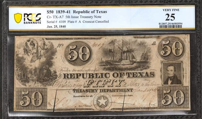 1839 $50 REPUBLIC OF TEXAS AUSTIN OBSOLETE TREASURY NOTE CR-TX-A7 PCGS B VF 25