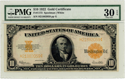 Fr.1173 1922 $10 Gold Certificate PMG VF30 EPQ