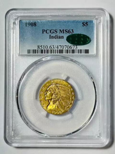 1908 P Gold Half Eagles $5 Indian Head PCGS MS-63 CAC Indian