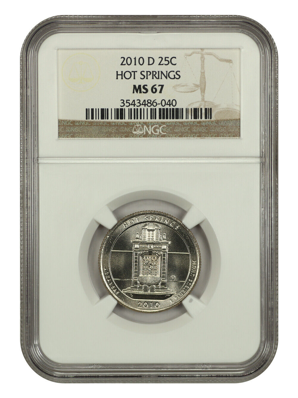 2010-D 25C Hot Springs NP NGC MS67 - Type 1 - Clad