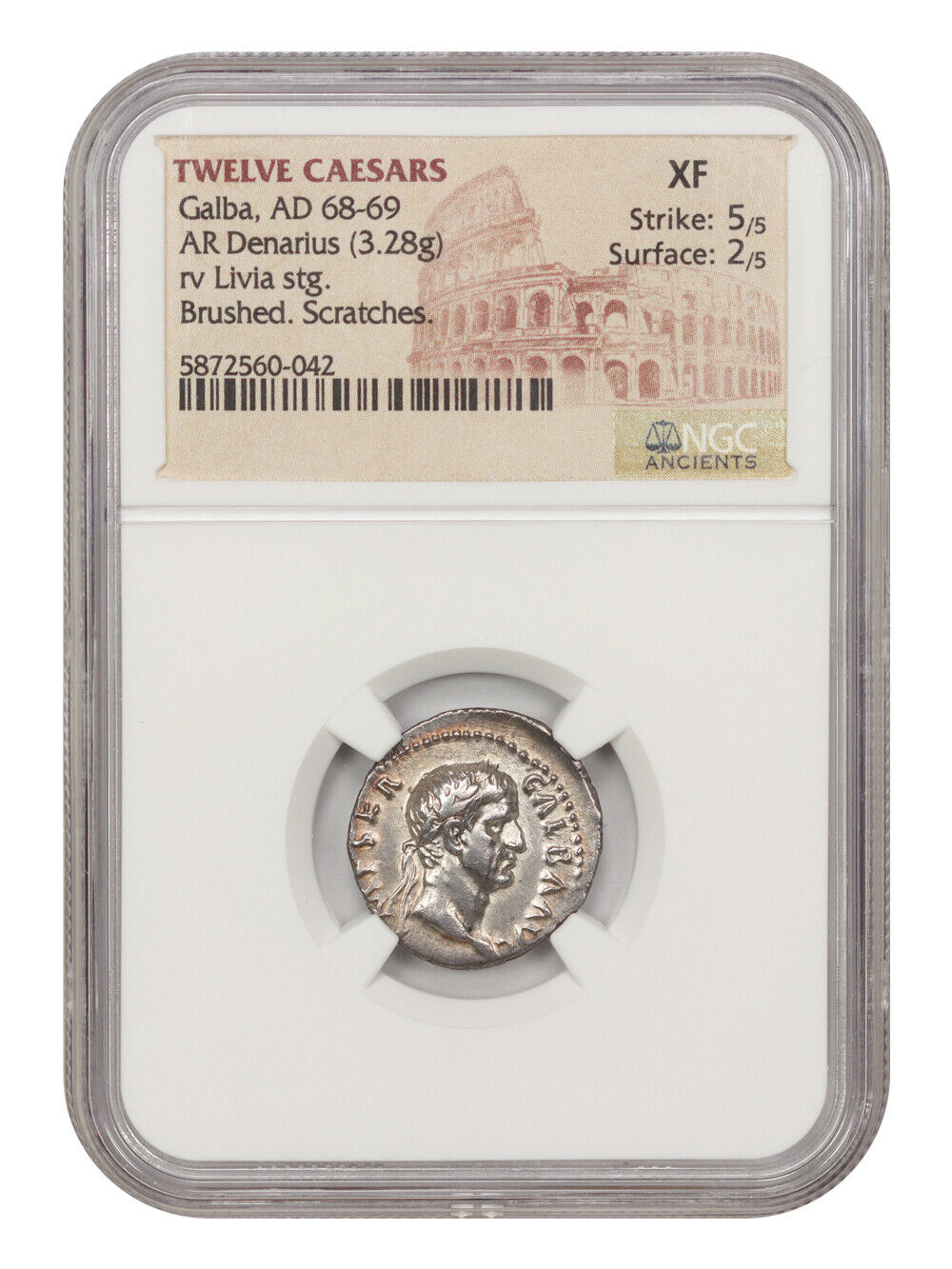 Ancient Roman: Galba (AD 68-69) AR Denarius NGC XF (Brushed, Scratches)