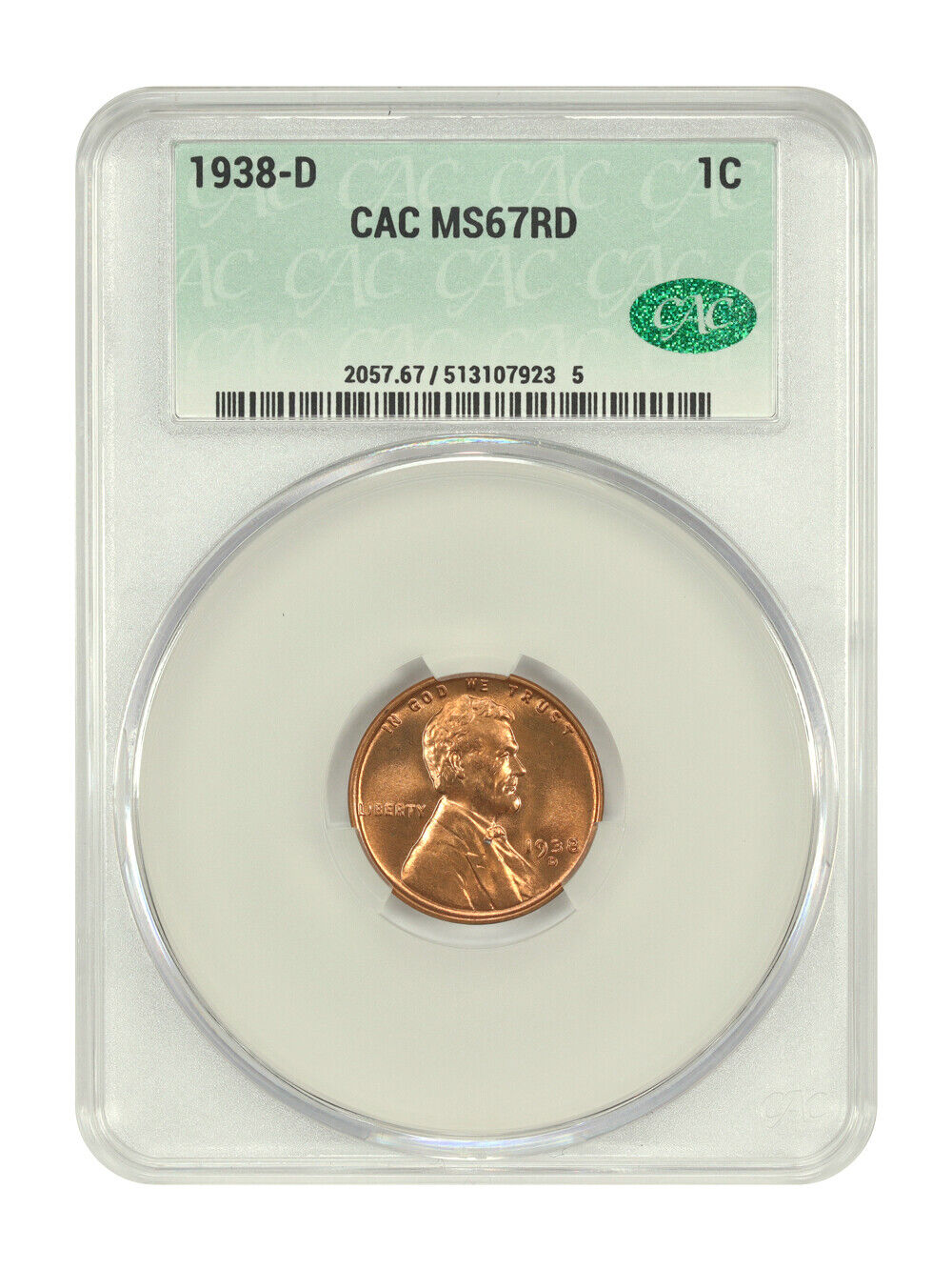 1938-D 1C CACG MS67RD - Lincoln Cent (Wheat Reverse)