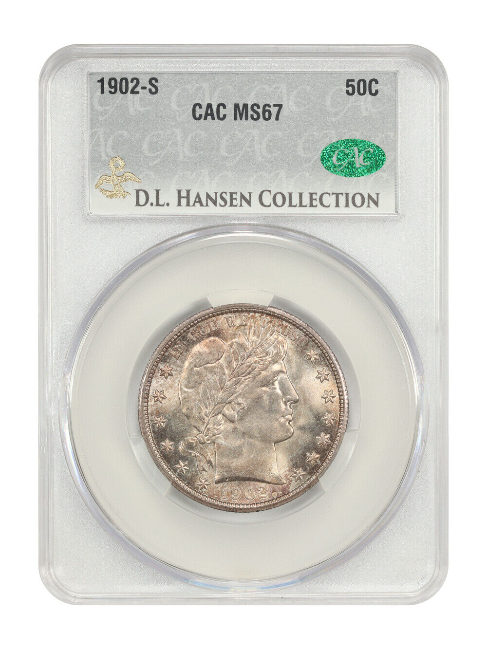 1902-S 50C CACG MS67 ex: D.L. Hansen - Barber Half Dollar - Underrated S-Mint