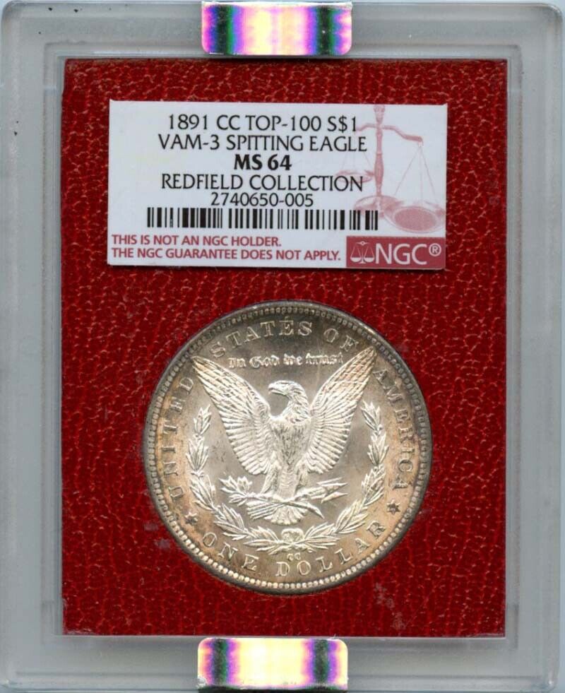 1891-CC TOP-100 Morgan Dollar Redfield VAM-3 SPITTING EAGLE S$1 NGC MS64