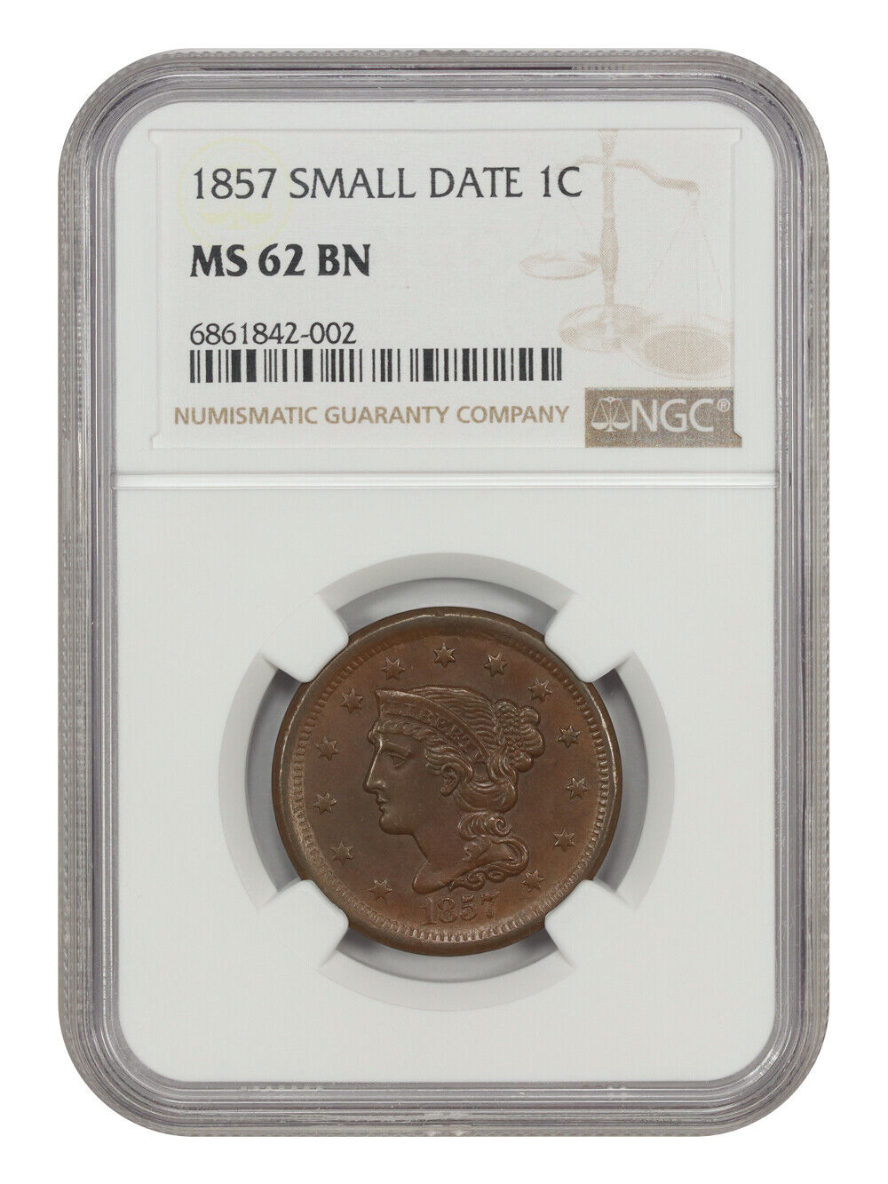 1857 1C NGC MS62BN (Small Date) - Braided Hair Cent