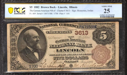 1882 $5 GERMAN AMERICAN NATIONAL BANK NOTE CURRENCY LINCOLN ILLINOIS PCGS VF 25