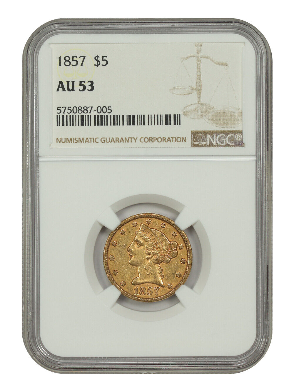 1857 $5 NGC AU53 - Liberty Head $5