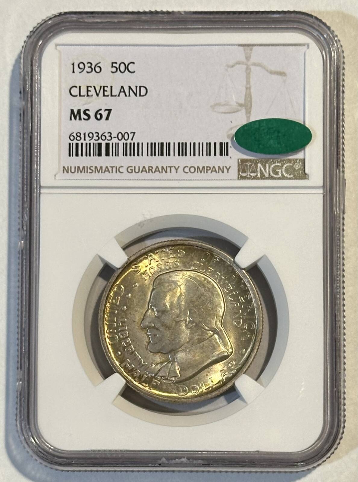 1936 P Cleveland / Great Lakes NGC MS-67 CAC CLEVELAND Rainbow Toning