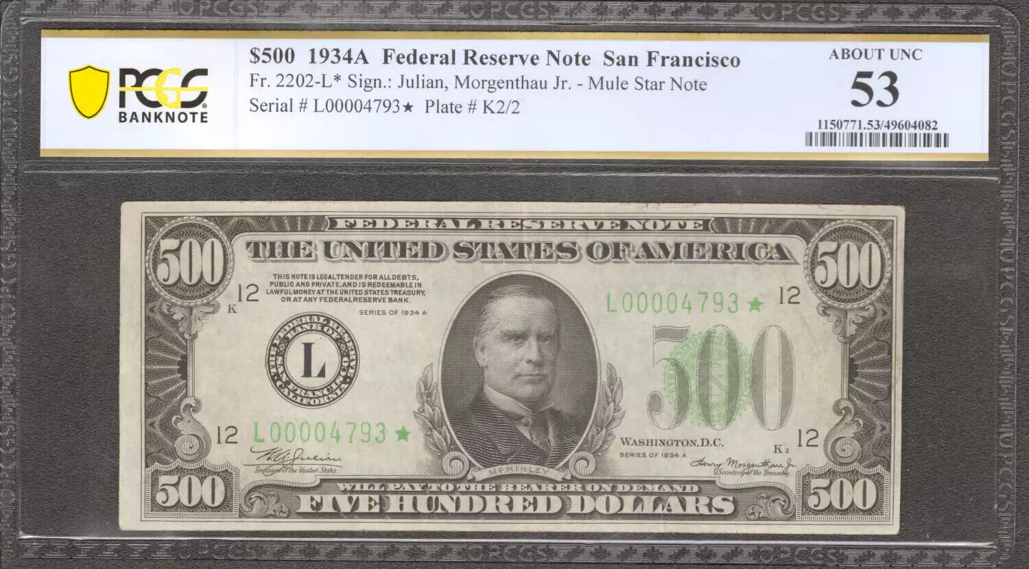 1934A $500 FRN MULE STAR NOTE SAN FRANCISCO FR.2202L* PCGS ABOUT UNC 53 (793*)