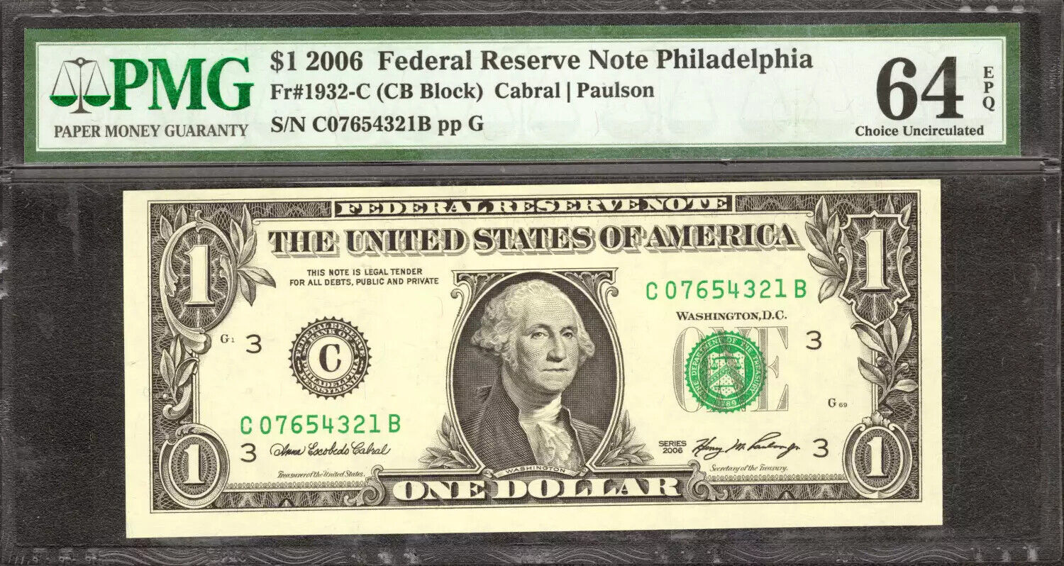 2006 $1 FEDERAL RESERVE NOTE FR.1932C LADDER SERIAL #4321 PMG UNC 64 EPQ (321B)