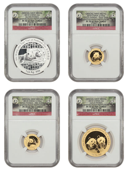 China: 2014 Silver & Gold Panda Medal Set NGC PR70DCAM (4 coins, w/Box & COA)