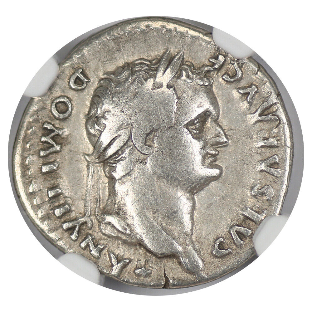 Ancient Roman: Domitian (AD 81-96) AR Denarius NGC Fine (Issue as Caesar)