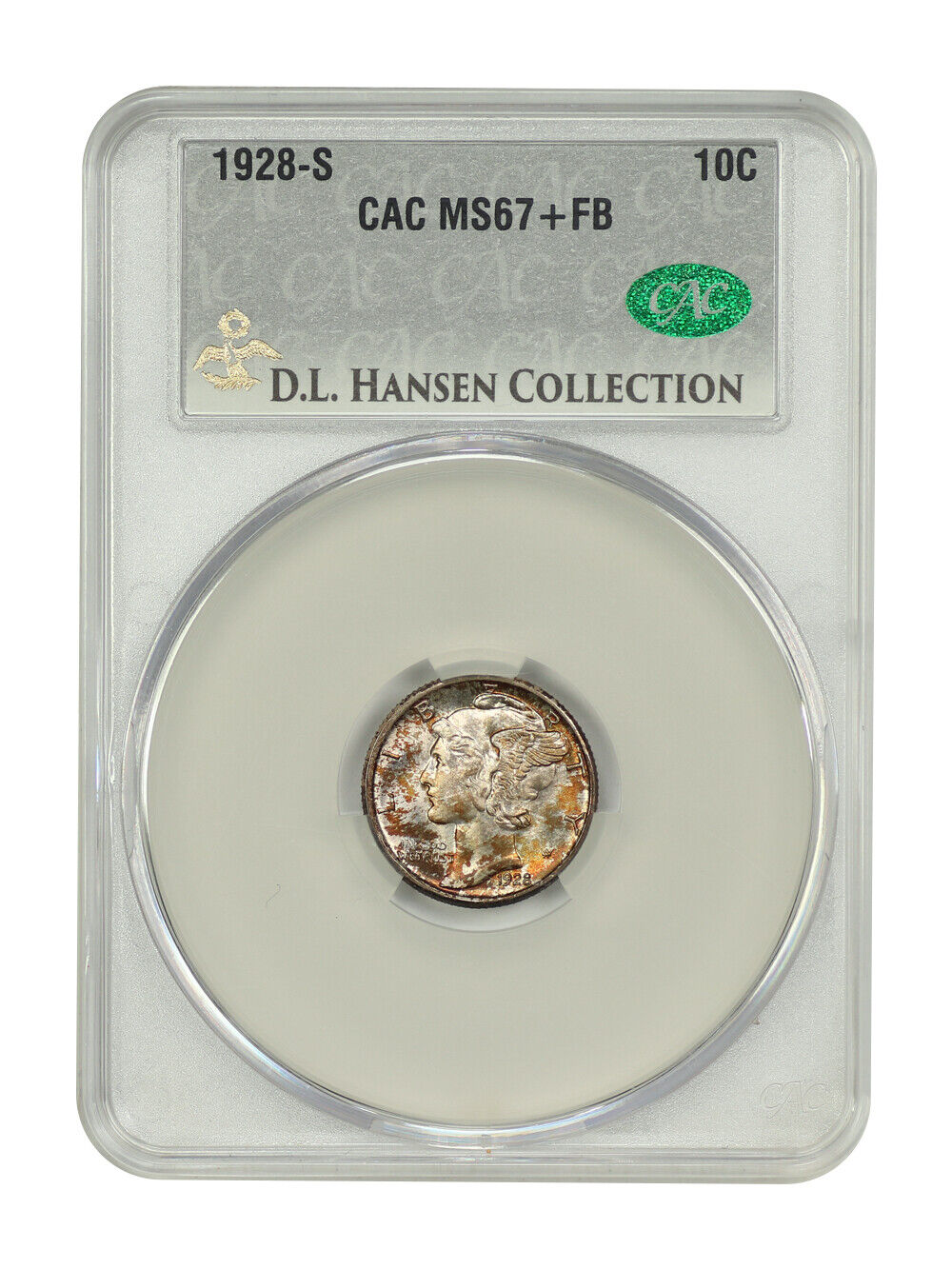 1928-S 10C CACG MS67+FB ex: D.L. Hansen - Mercury Dime