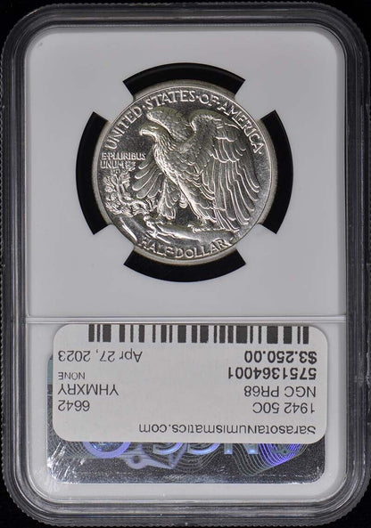 1942 Walking Liberty Half Dollar 50C NGC PR68