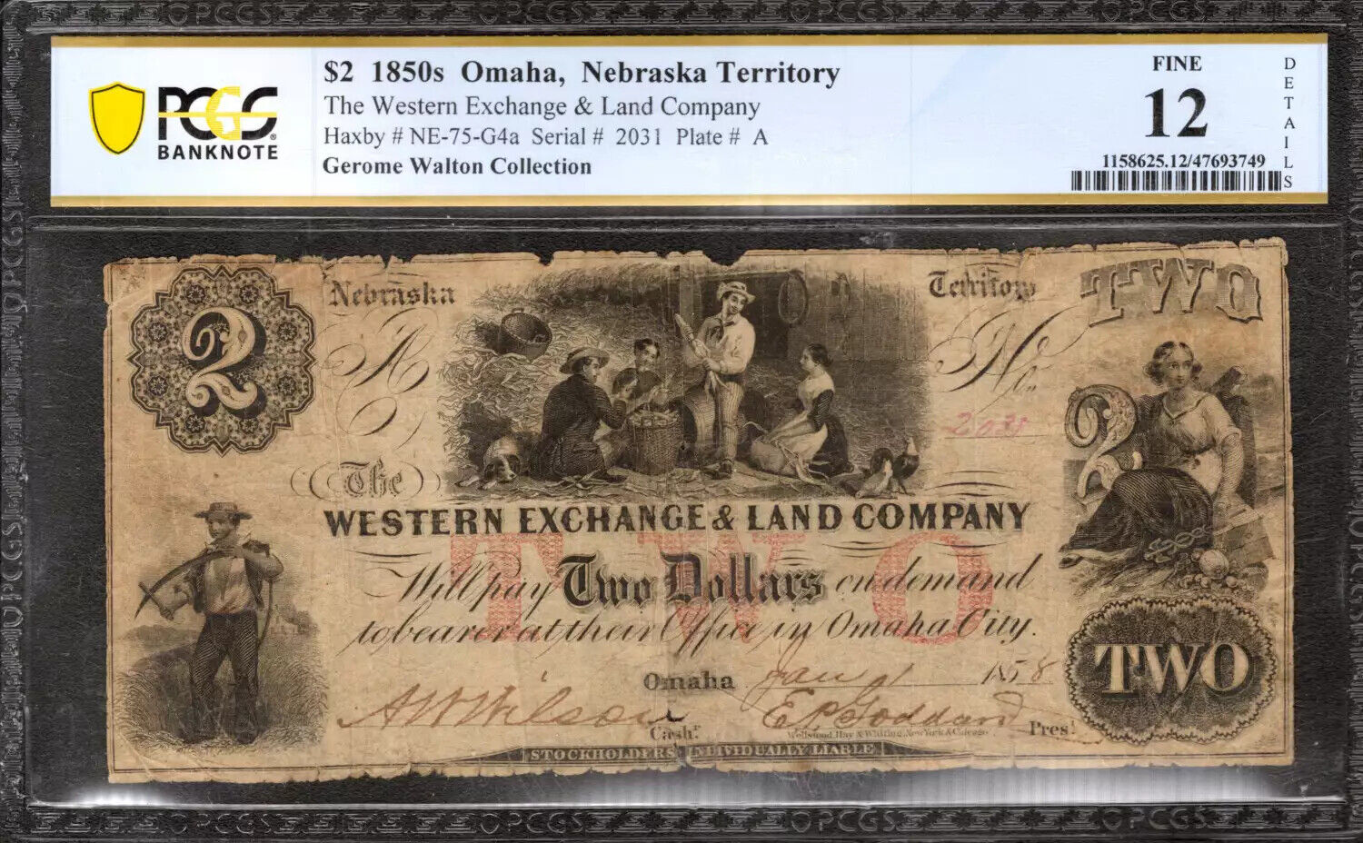 1857 $2 WESTERN EXCHANGE LAND COMPANY OMAHA NEBRASKA OBSOLETE NOTE PCGS F 12 NET