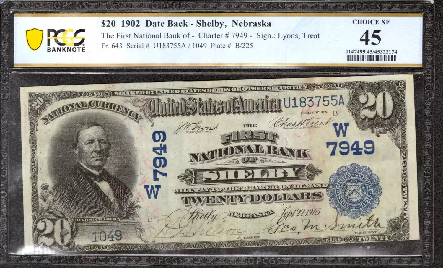 1902 $20 FIRST NATIONAL BANKNOTE CURRENCY SHELBY NEBRASKA PCGS 45 CH XF (755A)