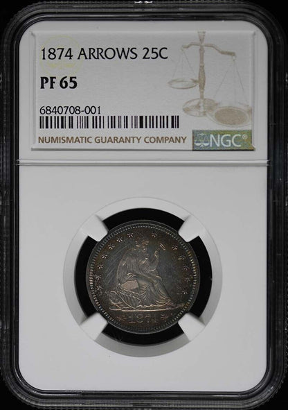 1874 ARROWS Seated Liberty Quarter 25C NGC PR65