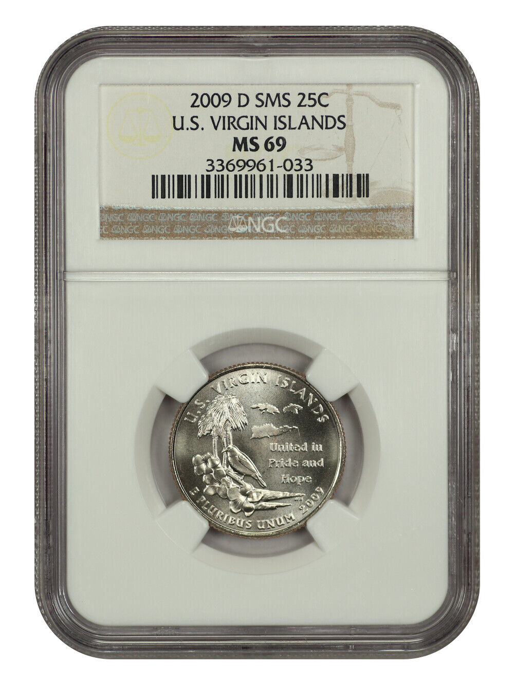 2009-D 25C U.S. Virgin Islands NGC SP69 (Satin Finish) - Type 1, Clad