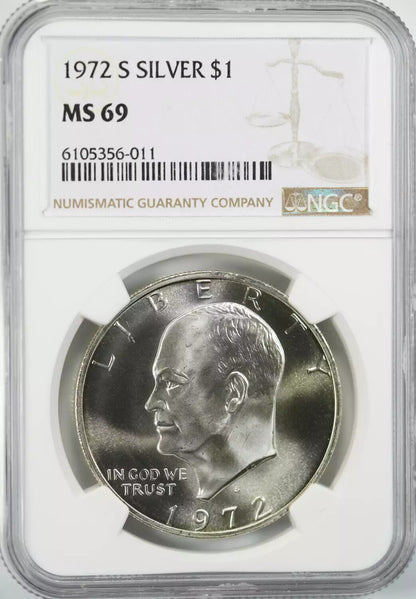 1972 S EISENHOWER IKE DOLLAR $1 SILVER NGC CERTIFIED MS 69 MINT STATE UNC (011)