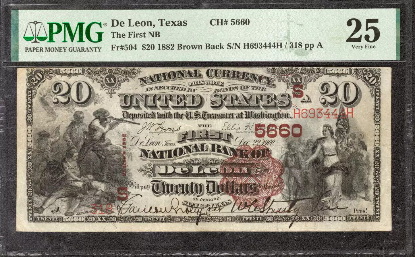 1882 $20 FIRST NATIONAL BANK NOTE CURRENCY DE LEON TEXAS PMG VF 25 READ BELOW