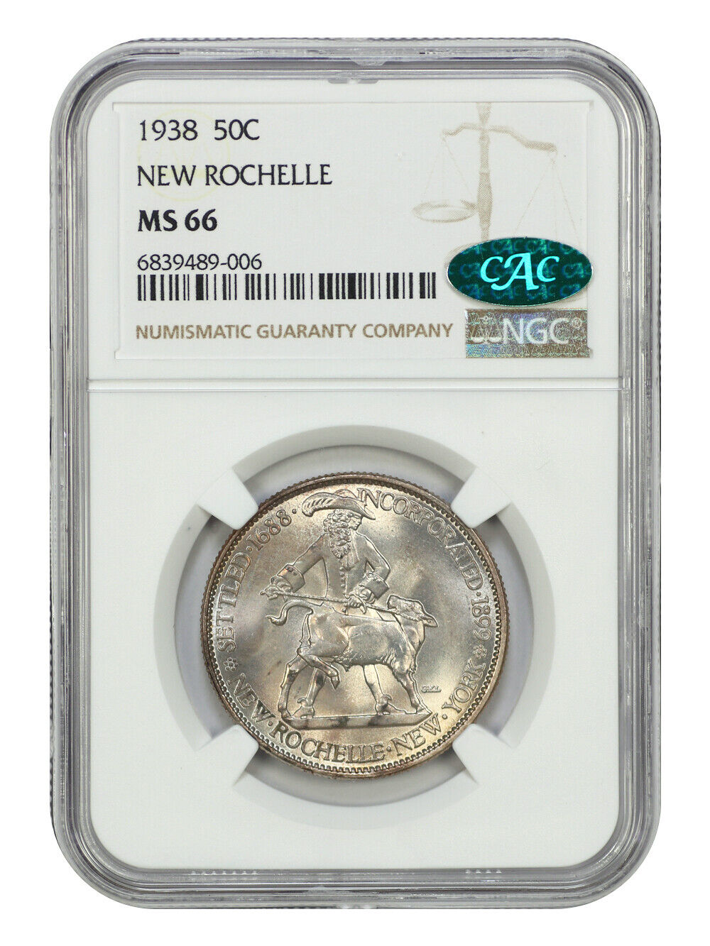 1938 50C New Rochelle NGC/CAC MS66 - Classic Silver Commemorative