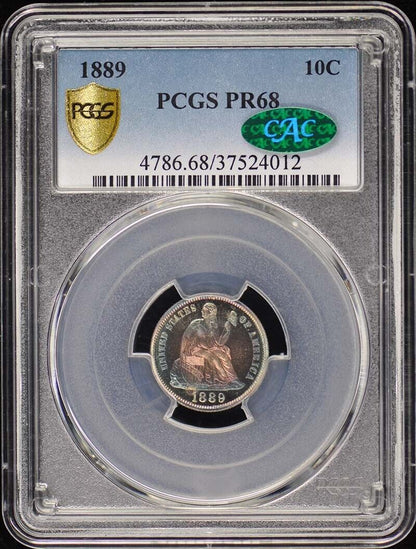 1889 10C Liberty Seated Dime PCGS PR68 (CAC) POP 1 CAC 1