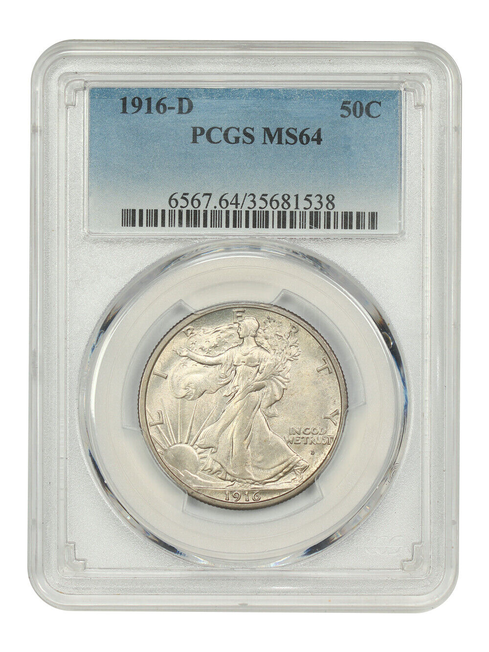 1916-D 50C PCGS MS64 - Walking Liberty Half Dollar - Scarce Early Walker in Gem