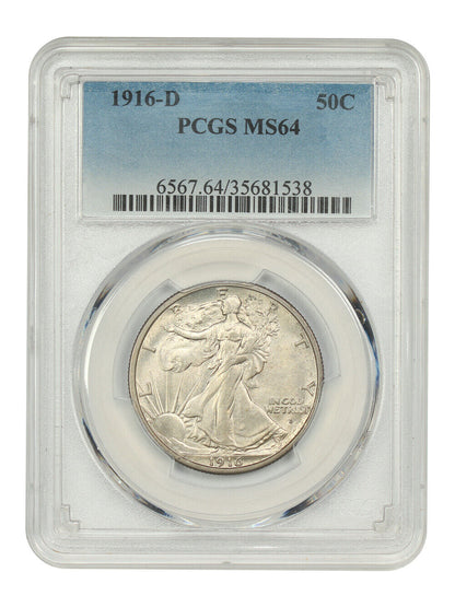 1916-D 50C PCGS MS64 - Walking Liberty Half Dollar - Scarce Early Walker in Gem