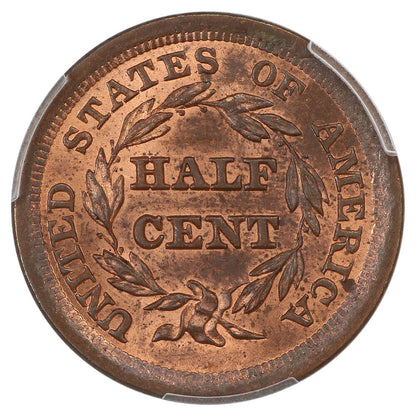 1855 1/2C PCGS MS65RB - Braided Hair Half Cent - Tough in RB!