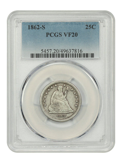 1862-S 25C PCGS VF20 - Liberty Seated Quarter - Rare Low-Mintage Date