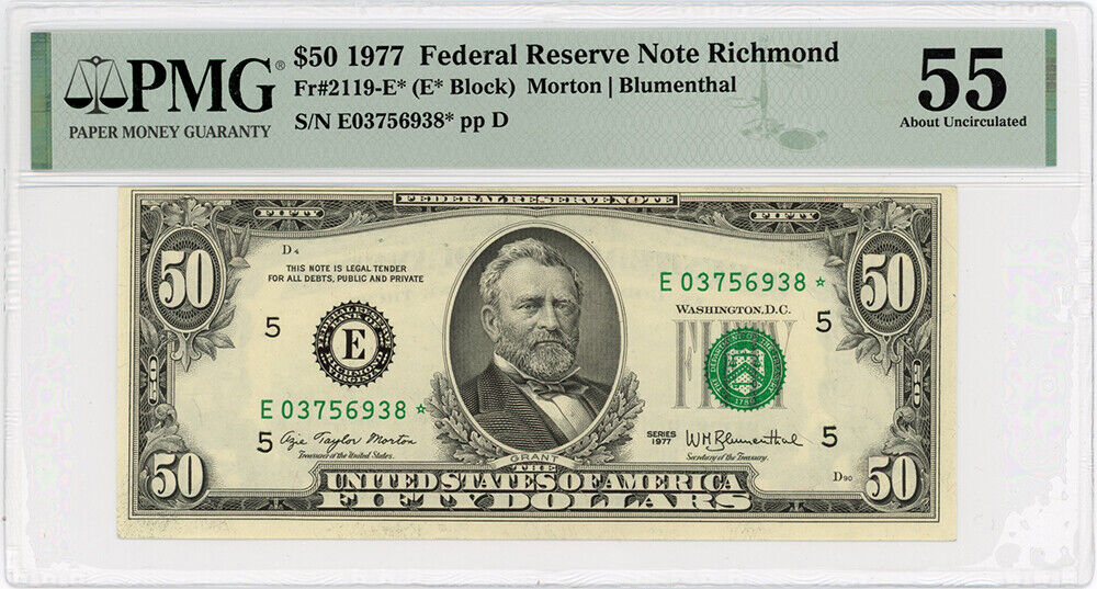 FR. 2119E* 1977 $50 Richmond PMG About Unc 55 (Pinholes)