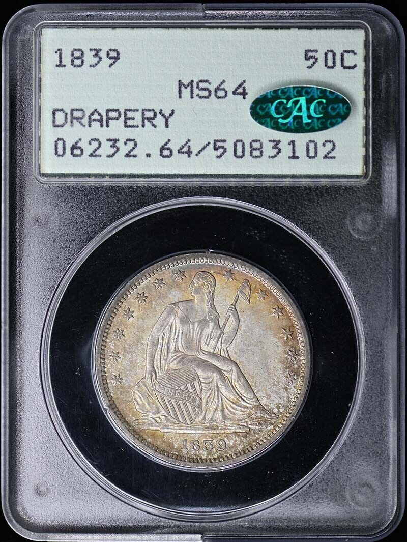 1839 50C Drapery Liberty Seated Half Dollar PCGS MS64 (CAC) Rattler