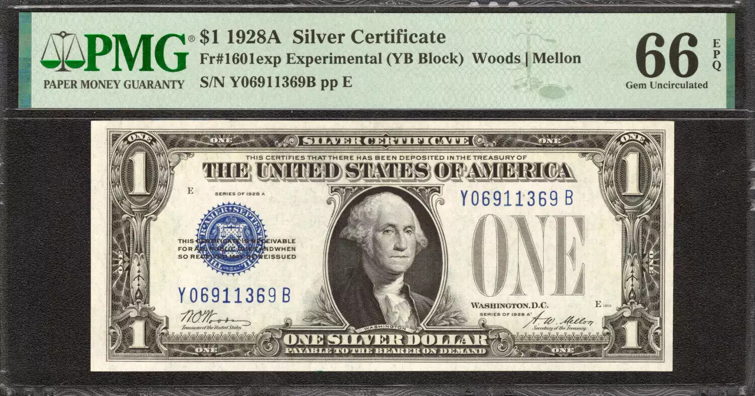 1928 A $1 EXPERIMENTAL SILVER CERTIFICATE FR.1601exp Y-B BLOCK PMG 66 EPQ (369B)