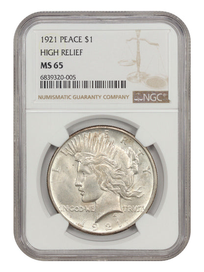 1921 $1 NGC MS65 (High Relief) - Peace Dollar - Scarce First Year Issue