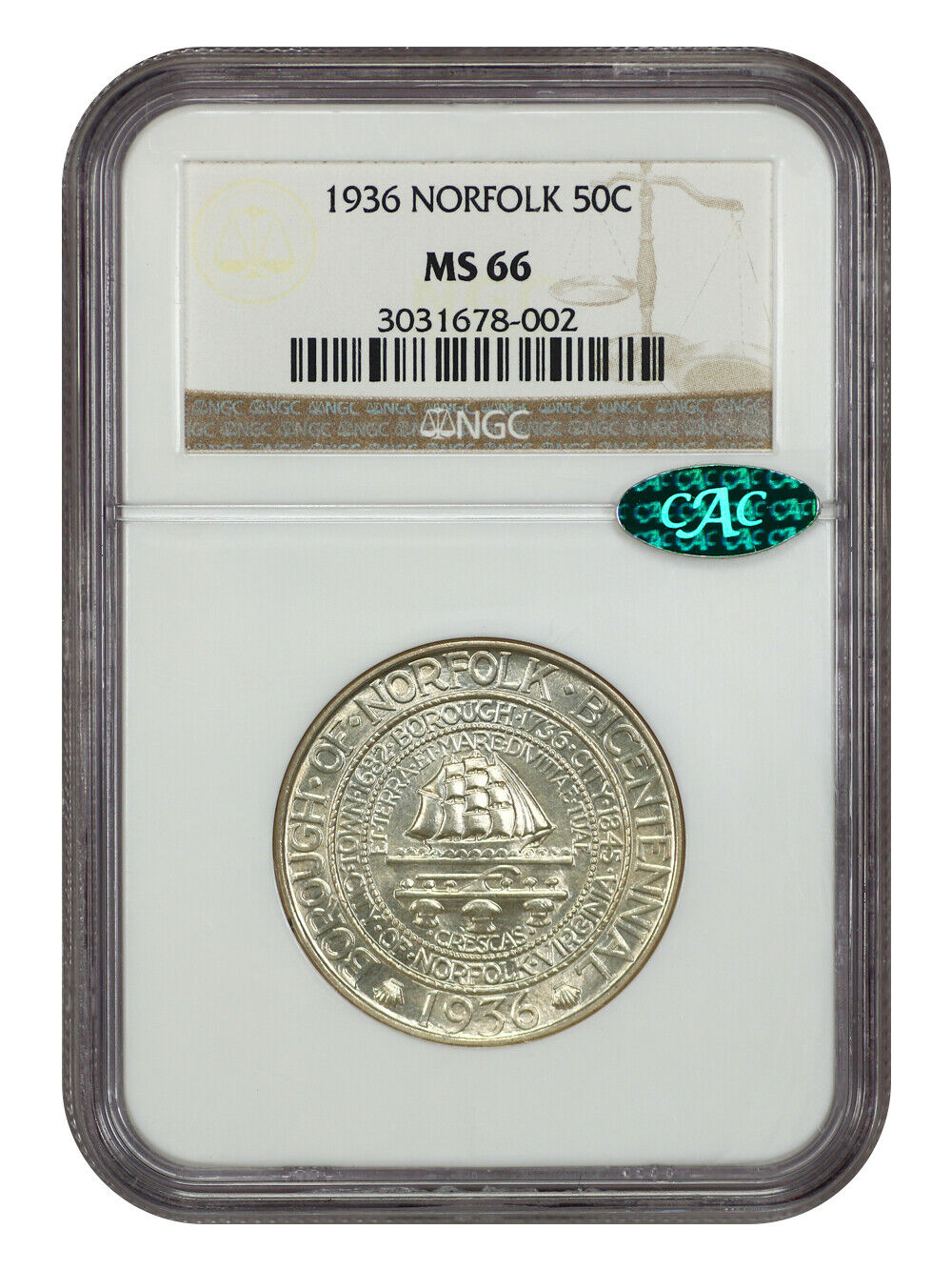 1936 50C Norfolk NGC/CAC MS66 - Classic Silver Commemorative - Low Mintage Issue