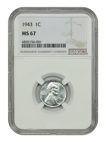 1943 1C NGC MS67 - Lincoln Cent (Wheat Reverse) - WW2 Steel Cent