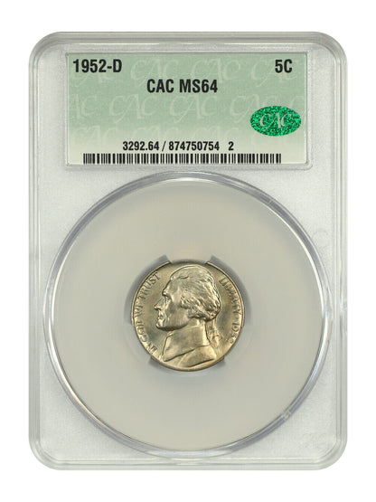 1952-D 5C CACG MS64 - Jefferson Nickel