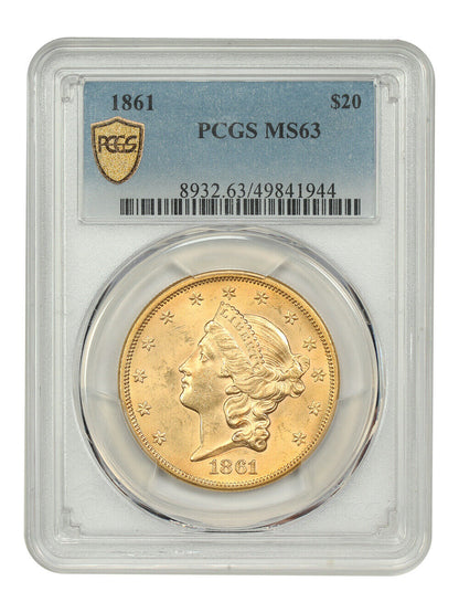 1861 $20 PCGS MS63 - Liberty Head $20 - Scarce Civil War Double Eagle