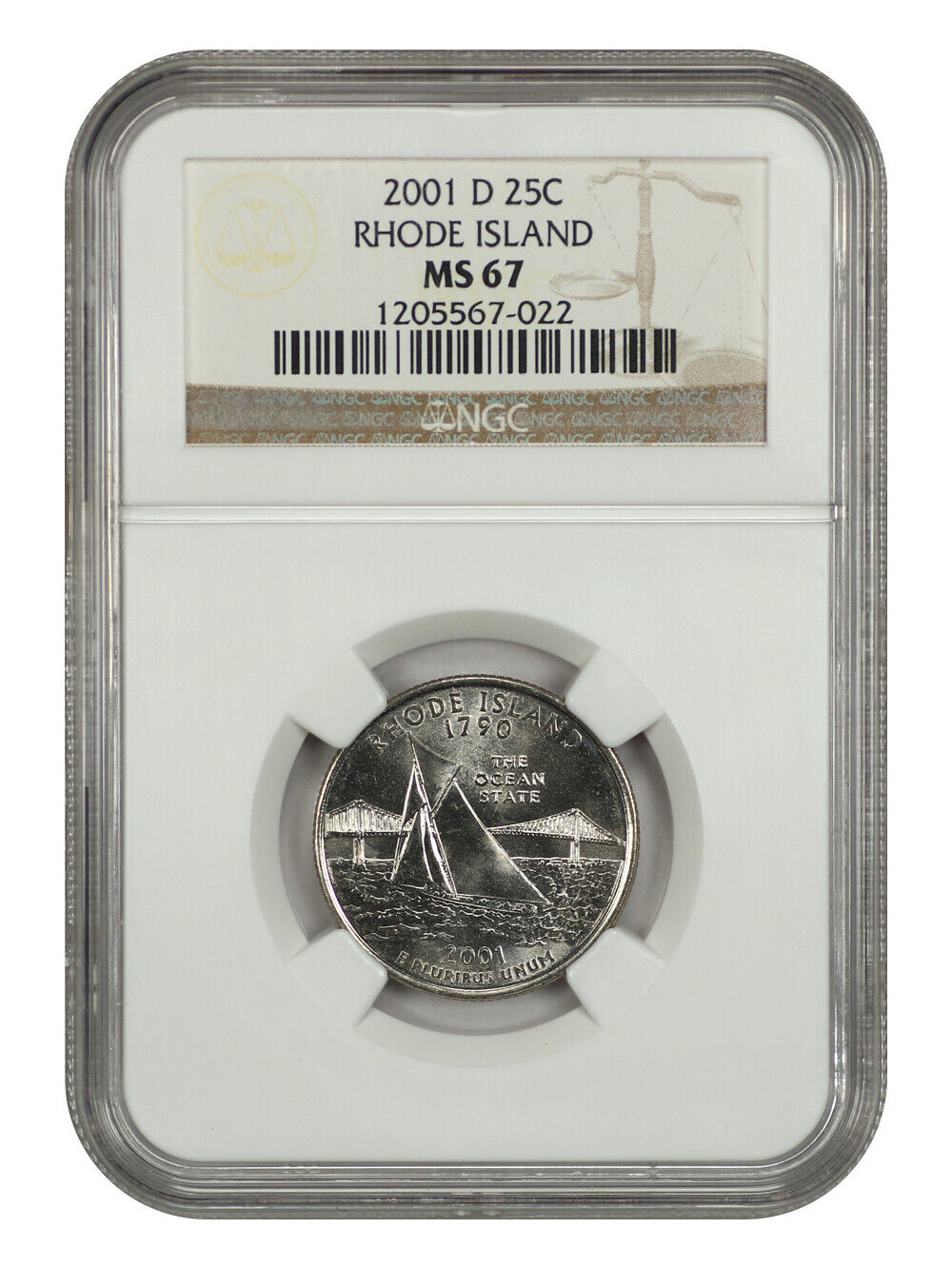 2001-D 25C Rhode Island NGC MS67 - Washington 50 States Quarters