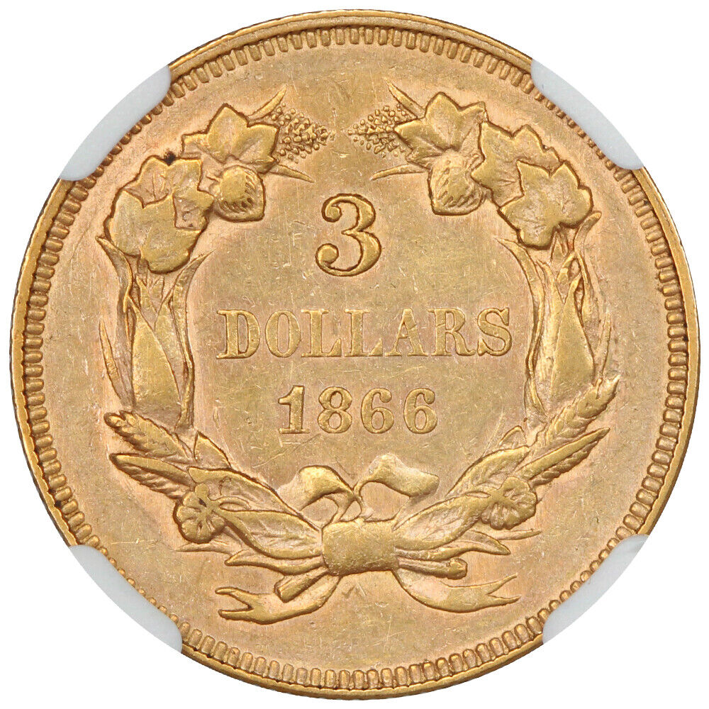 1866 $3 NGC AU55 - Three Dollar - Very Low Mintage Gold - Only 4000 Coins Struck