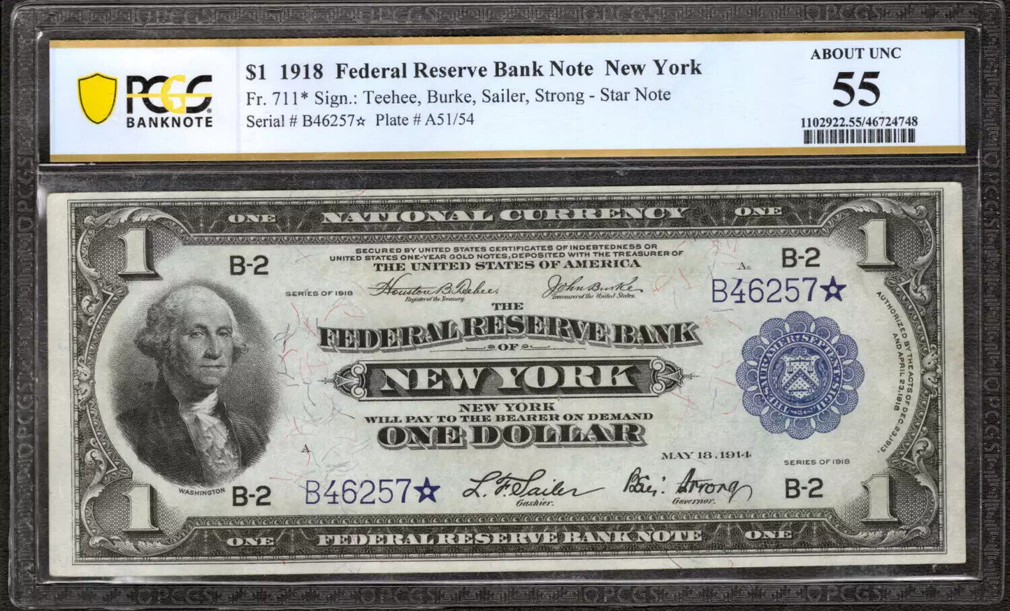 1918 $1 FEDERAL RESERVE BANKNOTE CURRENCY NY NEW YORK PCGS AU 55 STAR NOTE (257*