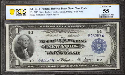 1918 $1 FEDERAL RESERVE BANKNOTE CURRENCY NY NEW YORK PCGS AU 55 STAR NOTE (257*