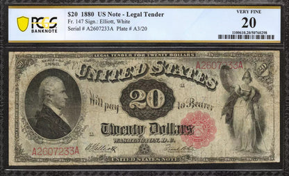 1880 $20 LEGAL TENDER US NOTE FR.147 ELLIOTT WHITE A-A BLOCK PCGS 20 VF (233A)