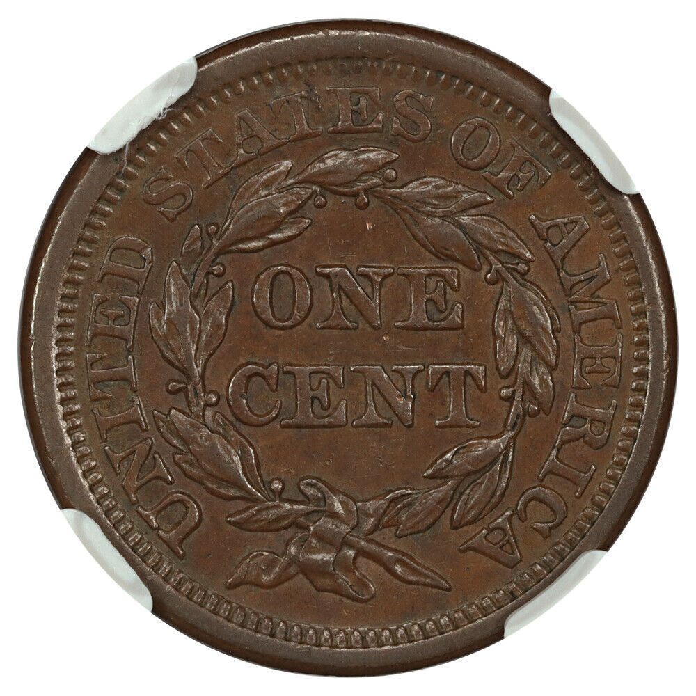 1855 1C NGC AU58 (N-6, Upright 55) - Braided Hair Cent