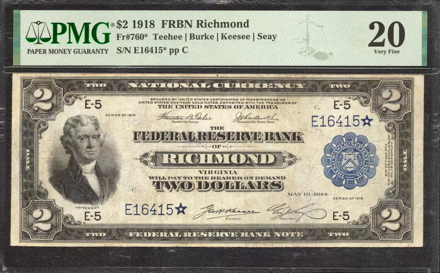 1918 $2 FEDERAL RESERVE BANKNOTE CURRENCY RICHMOND VIRGINIA PMG 20 VF (415*)