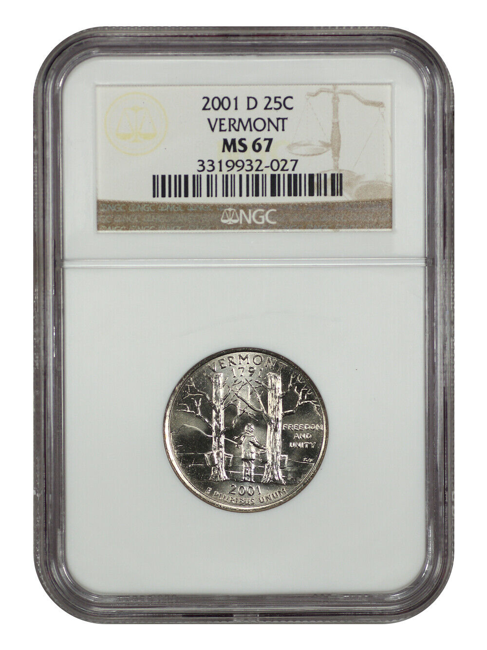 2001-D 25C Vermont NGC MS67 - Washington 50 States Quarters