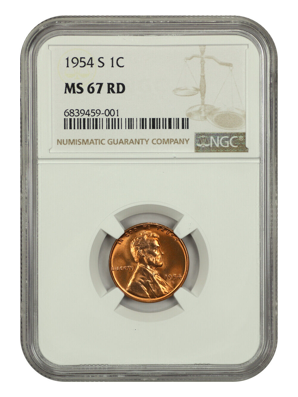 1954-S 1C NGC MS67RD - Lincoln Cent (Wheat Reverse)